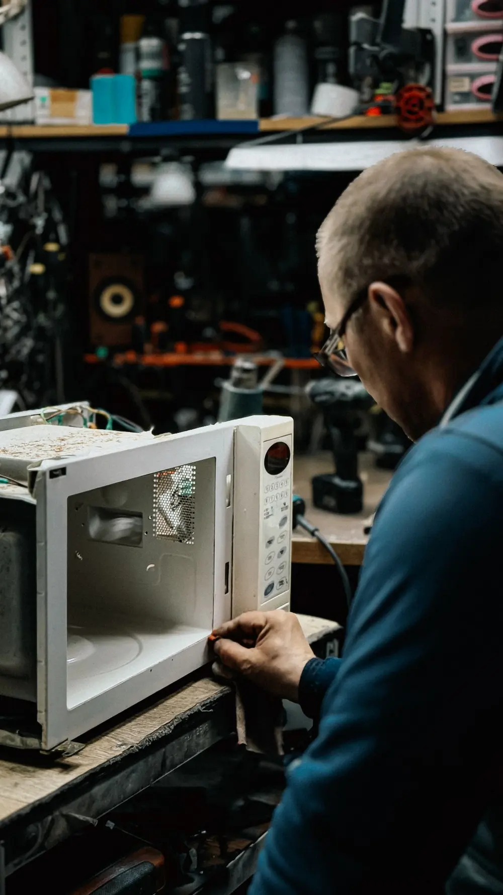 Technician fixing an appliance in a workshop